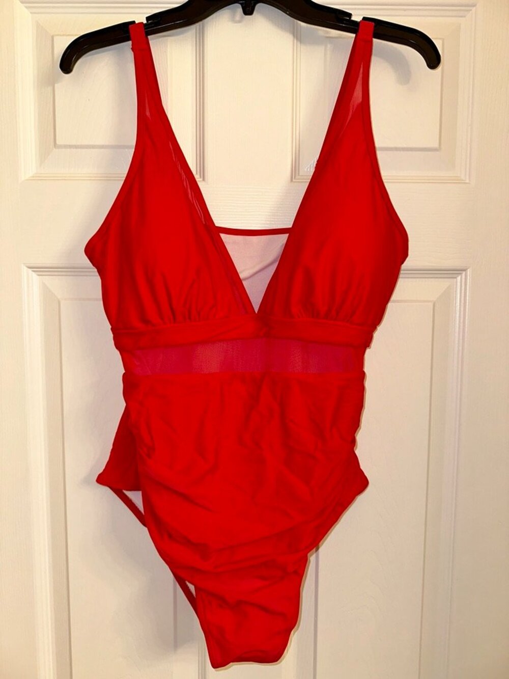 Skyline Swim Women's Solid Contrast Red Mesh Rouched One-Piece Swimsuit XXL NWT
